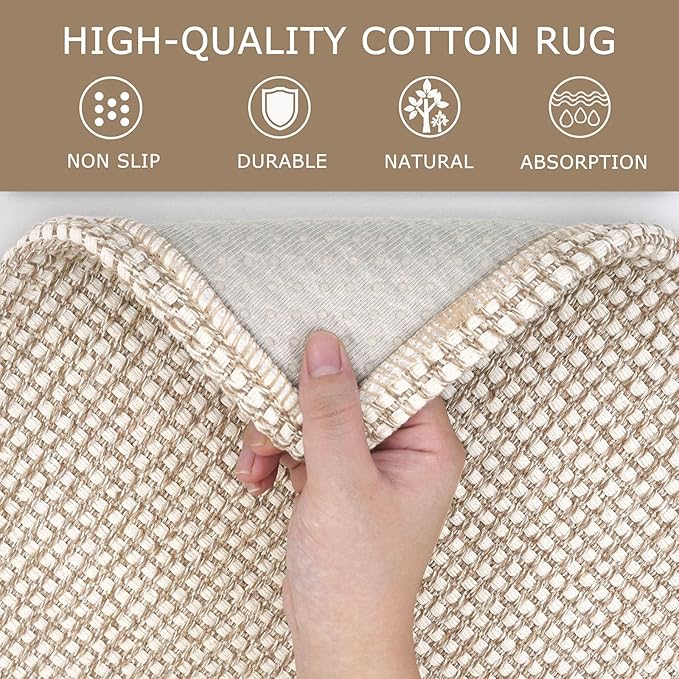 KOZYFLY Runners for Hallways 3x10 ft Washable Kitchen Runner Non Slip Rubber Backed Hallway Rugs Cotton Entryway Runner Rug Floor Carpet for Indoor Hall, Backdoor, Kitchen, Ivory/Khaki