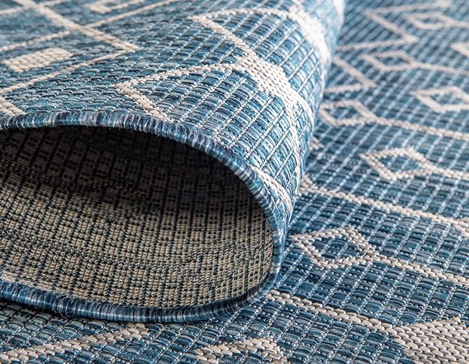 Unique Loom Outdoor Trellis Collection Area Rug - Tribal Trellis (10' x 14' 1" Rectangle, Blue/ Ivory)