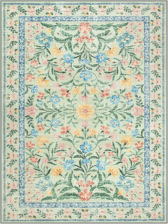 Lahome Boho Light Green Large Area Rugs for Bedroom 9x12, Floral Washable Rugs Living Room, Soft Non-Slip Thin Rug for Nursery Kids Playroom Tween Girls Home, Tea Green