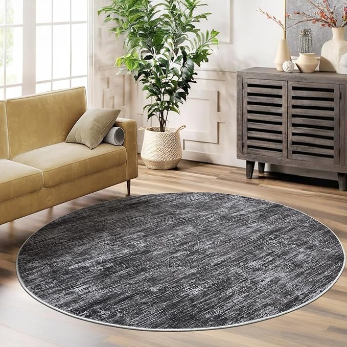 RUGSREAL Washable Round Rug 4x4 ft for Living Room Modern Round Rug Small Bedside Carpet with Rubber Backing Stain Resistant Small Entry Mat Neutral Circle Rug for Bedroom Nursery Home Decor, Grey