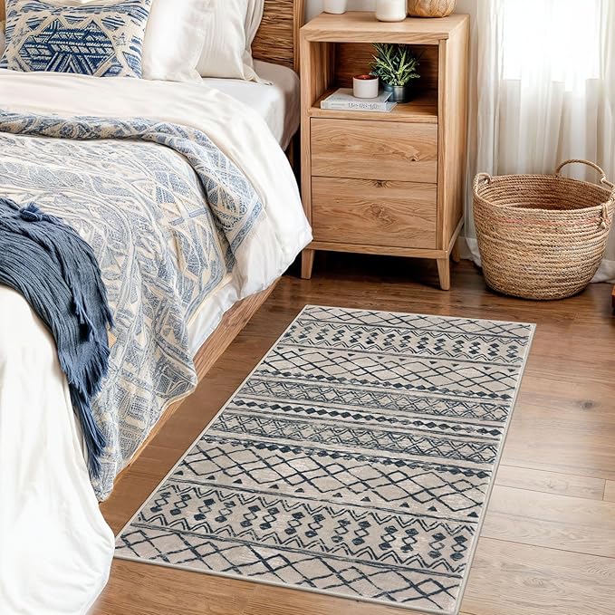 KUTA Moroccan Rugs for Entryway, 2x3 Light Brown Black Entrance Small Area Rug Non-Slip Washable, Ultra Soft Vintage Geometric Low-Pile Indoor Door Mat Floor Carpet for Kitchen