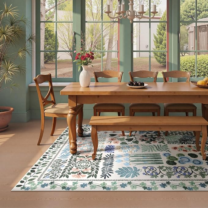 Floral Boho 5x7 Area Rugs for Bedroom Living Room, Botanical Soft Dining Room Rug, Large Non Slip Stain Resistant Indoor Throw Carpet for Entryway Kitchen Office Playroom (Beige,5 x 7)