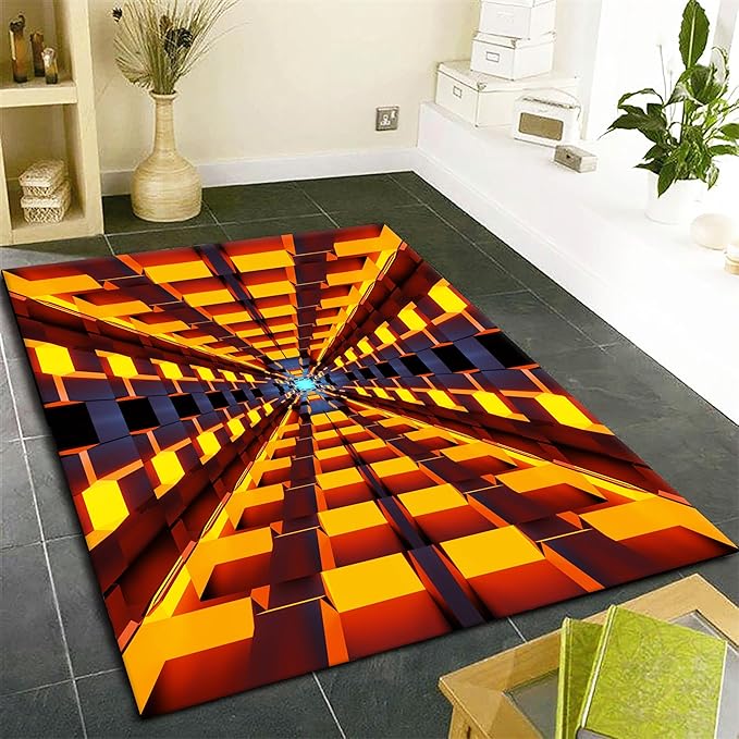 3D Abstract Grid Area Rug, 5x6ft, Visual Illusion Realistic Cave Indoor Carpets, Orange Three Dimensional Pattern Floor Mat, Easy Clean Breathable Washable Rugs for Indoor Family