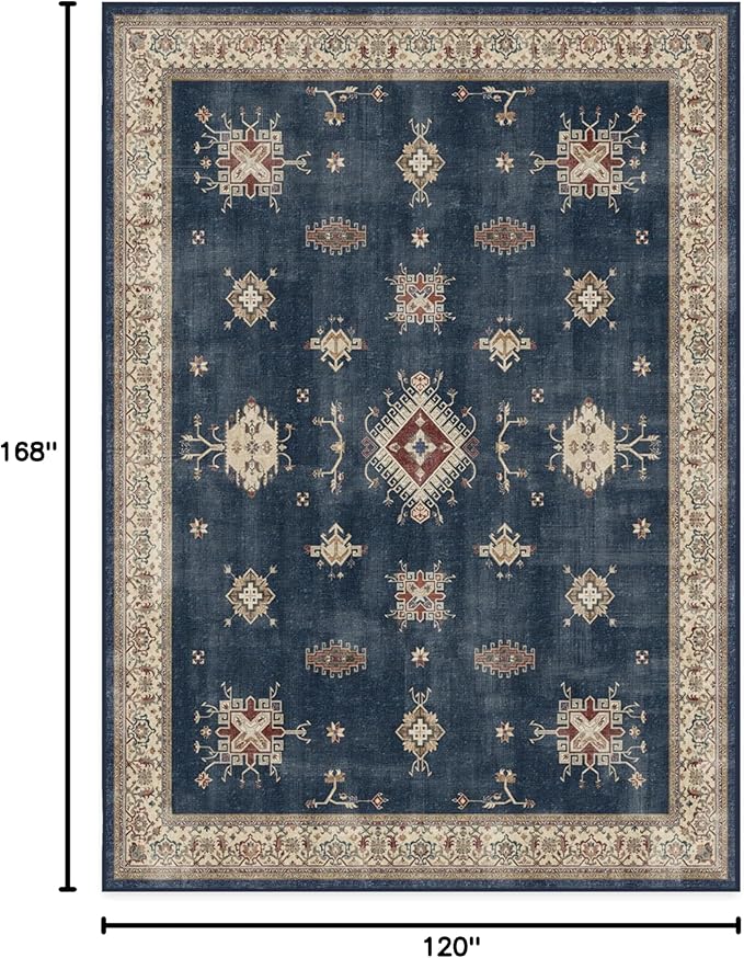 RUGGABLE Washable Vintage Area Rug – Verena Sapphire 10x14, Stain-Resistant, Non-Slip – Large Machine Washable Rugs for Living Room, Bedroom, Hallway, Entryway & Office–with Standard Pad
