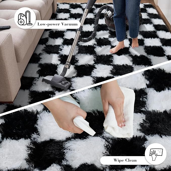 Checkered Rug for Bedroom, 2x4 Black and White Area Rugs, Classic Checkered Carpets Shaggy Area Rug, Bedside Rugs for Living Room Bedroom Kids Room Home Decor