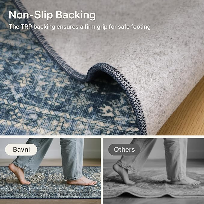 Bavni Washable Runners for Hallways 2X10, Ultra-Thin Non Slip Long Runner Rug, Print Vintage Aesthetic Carpet Runner, Low Pile Rugs for Kitchen Porch Bedroom, Blue