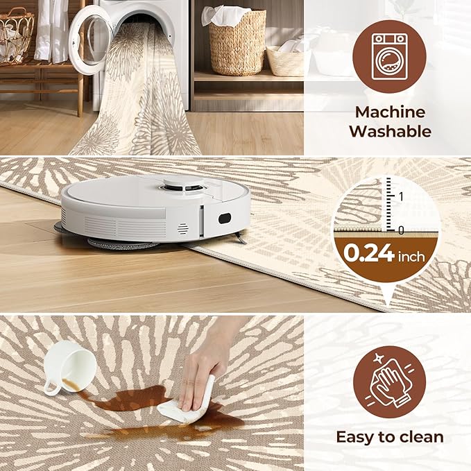 WITSHOCK 8x10 Area Rugs for Living Room: Beige Floral Washable Rugs for Bedroom Dining Room Office Nursery Modern Non-Slip Stain Resistant Low Pile Home Decor（Beige/Brown,8'x10'）