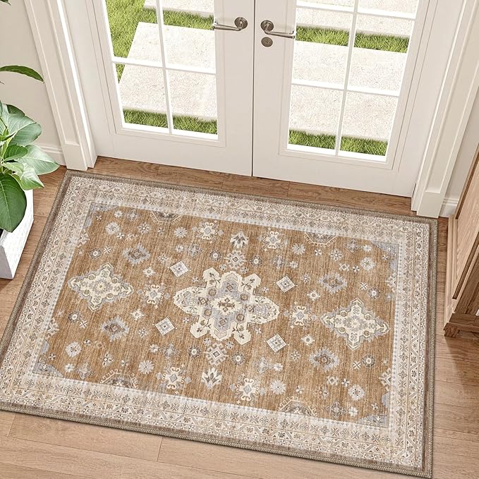 LUMI Indoor Thin Door Mat, 32x47 Washable Small Inside Doormat, Non Slip Low Pile Oriental Floor Carpet, Vintage Distressed Area Rug for Front Door,Entrance,Bedroom, Amber