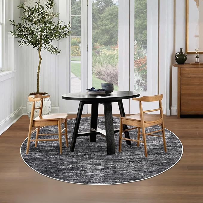 RUGSREAL Washable Round Rug 4x4 ft for Living Room Modern Round Rug Small Bedside Carpet with Rubber Backing Stain Resistant Small Entry Mat Neutral Circle Rug for Bedroom Nursery Home Decor, Grey