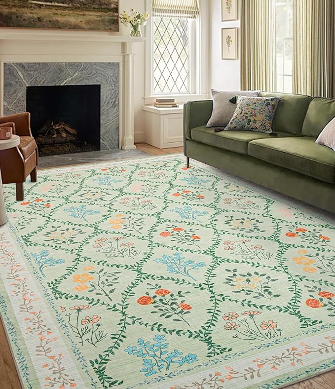 YIHOUSE 8x10 Washable Rug for Living Room, Green Floral Rugs for Bedroom Boho Area Rug Non Slip Ultra-Thin Large Rug for Kids Playroom, Classroom, Girls Dorm, Nursery, Green Multi