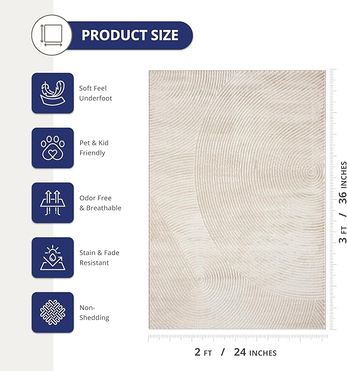 Abani Neutral Beige Area Rug 2' x 3' for Living Room, Bedroom - Zen Reiki Circles Pattern - Durable & Easy to Clean