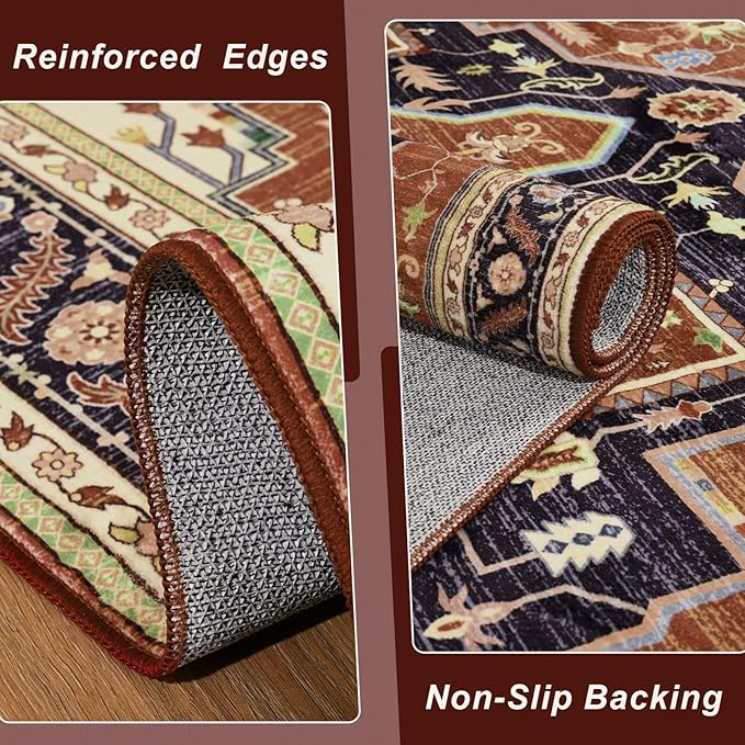6x9 Orange Red Area Rug for Living Room, Machine Washable Rugs with Non-Slip Backing for Bedroom, Vintage Medallion Carpet Dining Room Office Kids Room Decor