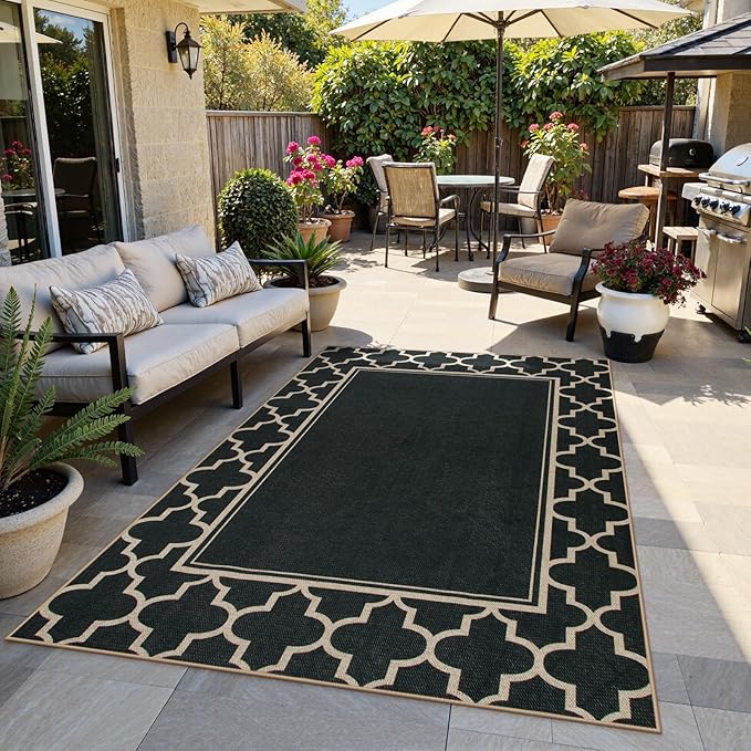Moynesa Moroccan Easy Jute Outdoor Rug 8x10, Black Washable Living Room Rug Indoor Outdoor Patio Rug Non Slip, Geometric Farmhouse Carpet for Backyard Bedroom Dining Room
