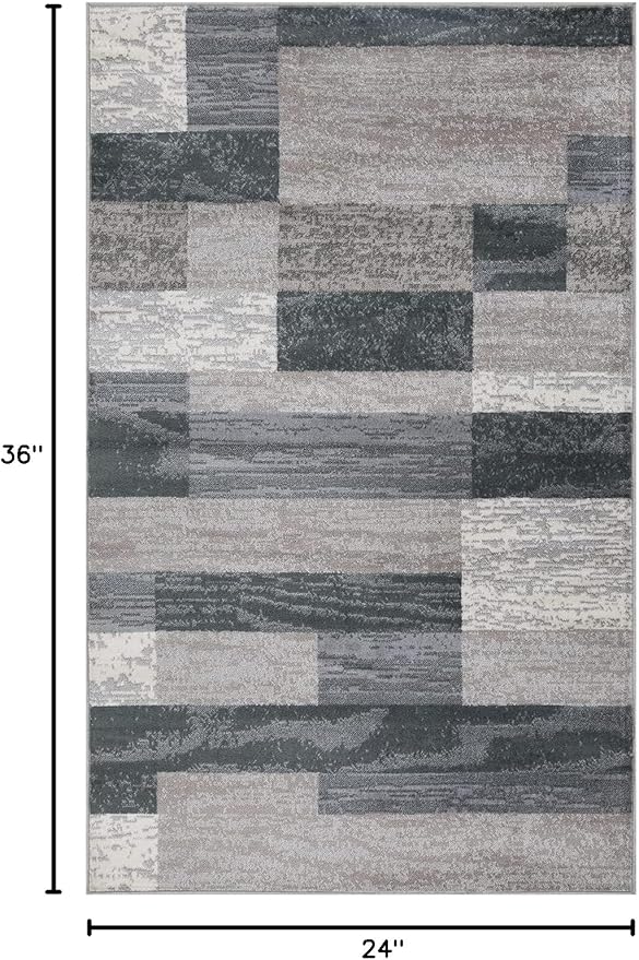 Superior Indoor Area Rug, Jute Backed, Modern Geometric Patchwork Floor Decor for Bedroom, Office, Living Room, Entryway, Hardwood Floors, Rockwood Collection, 2' x 3', Blue-Taupe