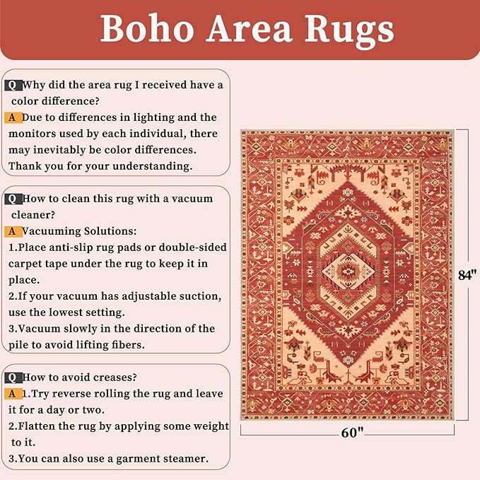 SERISSA 5x7 Boho Area Rug, Washable Non-Slip Rugs for Living Room, Large Red Beige Rug Ultra Soft Vintage Oriental Print Distressed Carpet for Bedroom Dining Room Dorm Office Home Decor