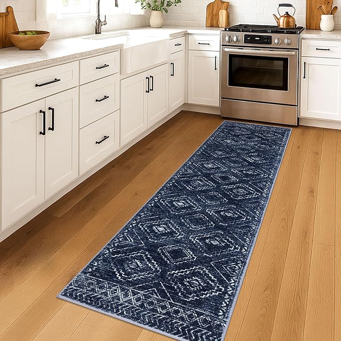 KILOCOCO Hallway Runner Rug 2x7 Runners for Hallways Washable Runner Rug Non Slip Rubber Backed Low-Pile Runners for Bedroom Kitchen Living Room Laundry Room Boho Rugs, Dark Blue