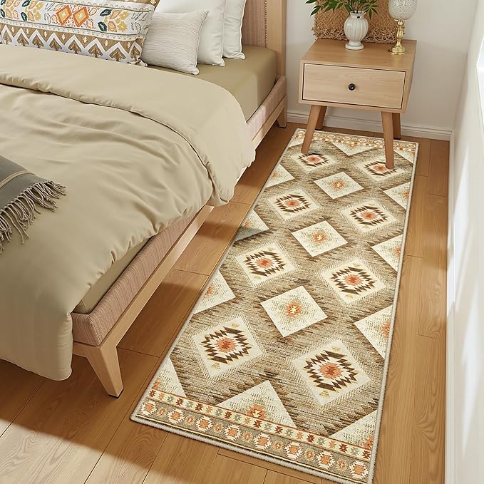 Area Rug 2x6 Rug Machine Washable Non-Slip Low Pile Print Pattern Western Rug for Living Room Bedroom Entryway Tribal Series -Cream/Camel