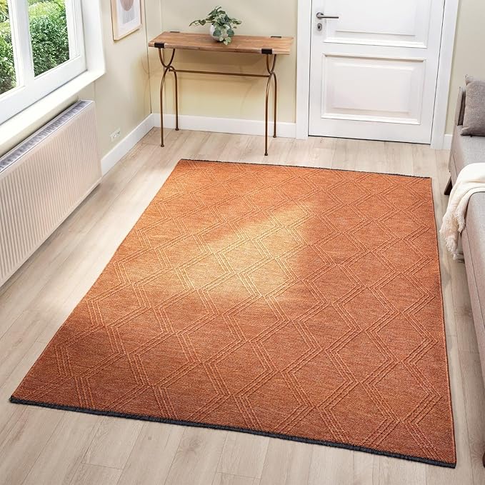 LUXE WEAVERS Modern Farmhouse Orange 9x12 Washable Area Rug, Anti-Slip Diamond Pattern Carpet