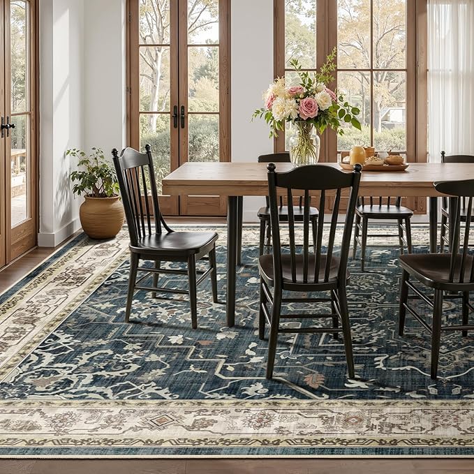 Dark Large 10x14 Area Rugs, Washable Non Slip Big Rug for Living Room Bedroom, Distressed Medallion Vintage Big Carpet Rugs for Dinig Room Family Rooms, Low Pile Thin, Midnight/Multi