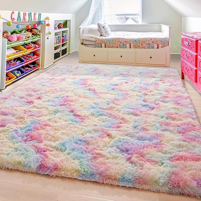 Beglad Fluffy Area Rugs 4x6 Feet, Modern Minimalist Style Shag Rugs, Non-Slip Indoor Carpet Soft Rugs for Bedroom, Living Room & Kids Room, Rainbow