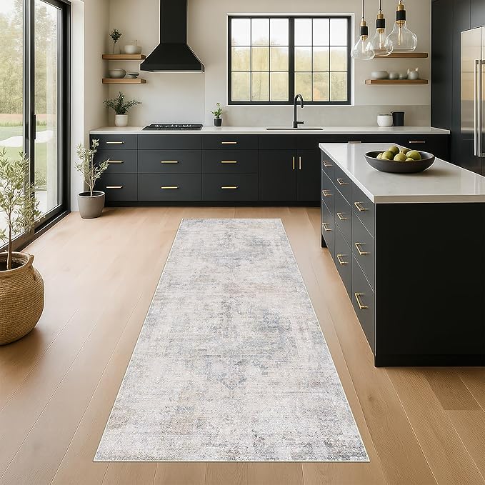 Light Blue 2'6''x8' Wide Hallway Runner Rug - Washable Kitchen Sink Rug, Non Slip 8ft Long Runner Rug for Entryway, Abstract Dusky Blue Home Décor