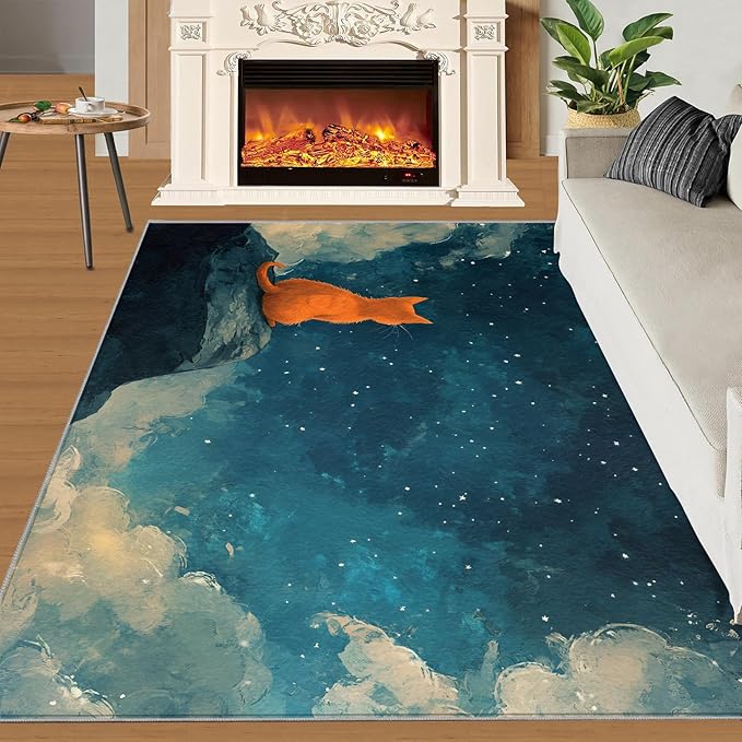 Orange Cat Rugs for Bedroom - 5x8 Area Rug - Cartoon Starry Sky Rugs for Living Room, 3D Cute Cat Rug, Non-Slip Washable Home Decor Carpet