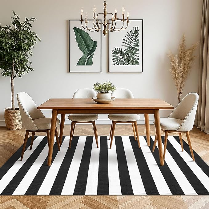 KOZYFLY Black and White Striped Outdoor Rug 5x7 Ft Area Rug Washable Indoor Outdoor Rug Cotton Striped Rugs for Living Room Farmhouse Large Floor Carpet for Bedroom Living Room Patio
