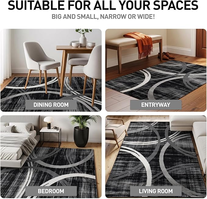 Rugshop Modern Wavy Circles Design Area Rug, Fade-Resistant Carpet for Entryway, Home Office, or Bedroom, Black, 3'3" x 5'