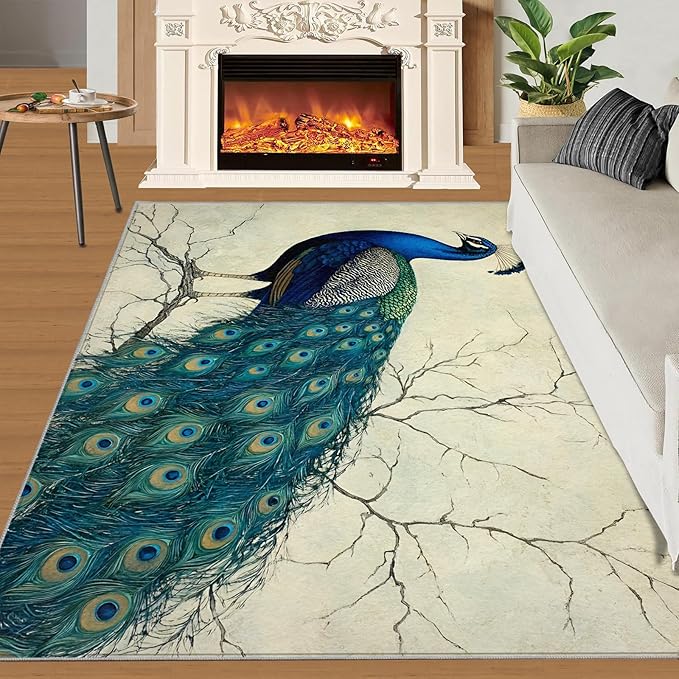 Peacock Area Rug 2x3-2x3 Rug, Peafowl Rugs for Living Room, Teal Turquoise Carpet, Modern Style Washable Area Rugs for Bedroom, Peacock Feather Carpet - Peafowl Home Decor & Gifts