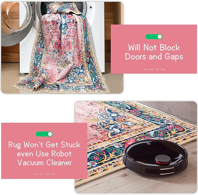 8x10 Area Rugs for Living Room Pink Boho Rug Vintage Rug Non-Slip Washable Low Pile Foldable Large Rugs for Bedroom Dining Room Indoor Floor Carpet