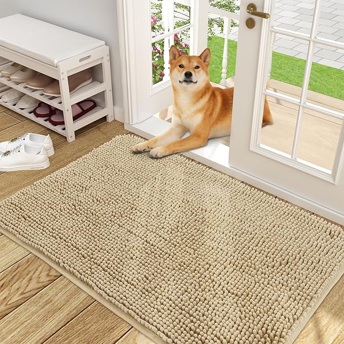 OLANLY Dog Door Mat for Muddy Paws 48x30, Absorbs Moisture and Dirt, Absorbent Non-Slip Washable Doormat, Quick Dry Chenille Mud Mat for Dogs, Entry Indoor Entryway Carpet for Inside Floor, Beige