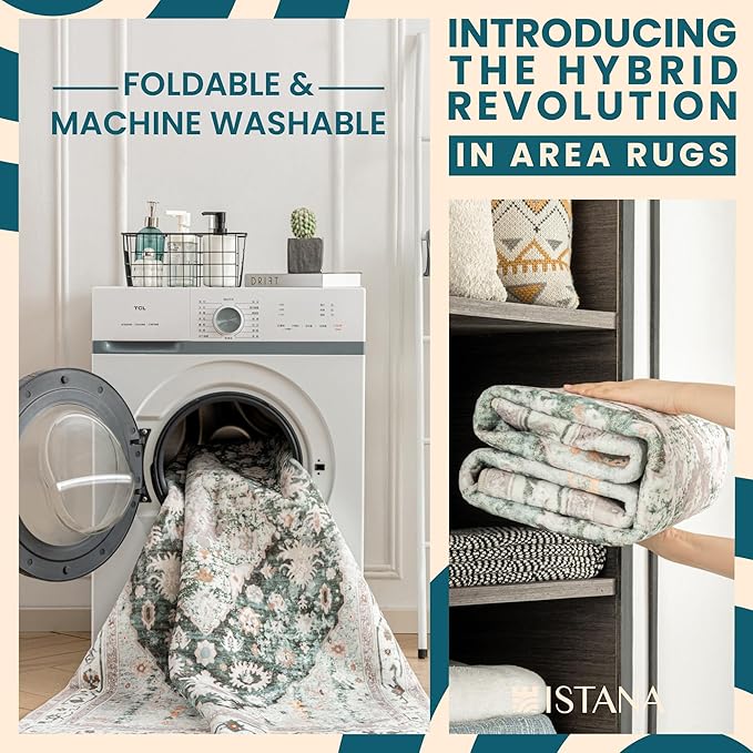 Istana 6x9 Area Rug - Light Green/Beige Rugs for Living Room 6x9 - Foldable Boho Rugs for Bedroom - Stain Resistant Washable Rug - Eco-Friendly Area Rugs - Easy to Clean Living Room Rug