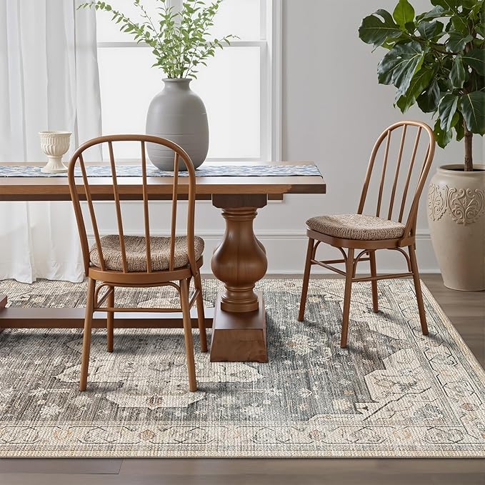 LUMI 8x10 Washable Area Rug for Living Room, Ultra Soft Vintage Rugs with TPE Non Slip Backing, Stain Resistant, Low Profile Carpet High Traffic for Bedroom, Dining Room