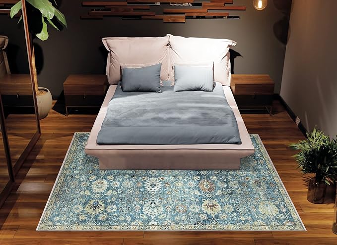 Bloom Rugs Caria Washable Non-Slip 9x12 Rug - Blue/Beige Traditional Area Rug for Living Room, Bedroom, Dining Room, and Kitchen - Exact Size: 9' x 12'