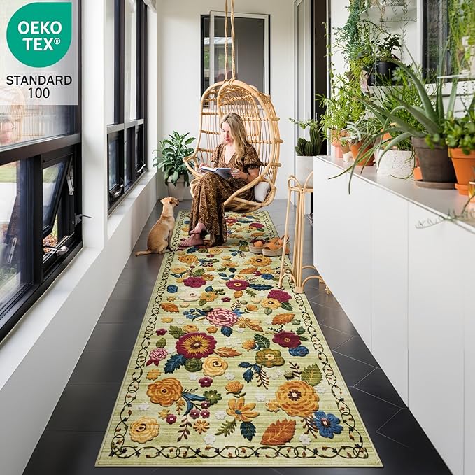 2'6''x8' Machine Washable Runner Rug, Kitchen Hallway Area Rug Green Vintage Boho Floral Ultra Non-Slip Low Pile Soft Faux Wool Carpet, Kids and Pets Friendly for Bedroom Entryway Nursery Decor Rug