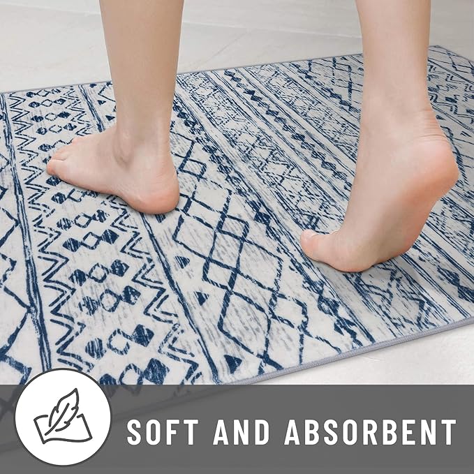 KUTA Moroccan Area Rugs, 2x3 Blue White Entryway Rug Non-Slip Washable Small Indoor Door Mat, Ultra Soft Print Vintage Distressed Geometric Low-Pile Floor Carpet for Entrance Kitchen