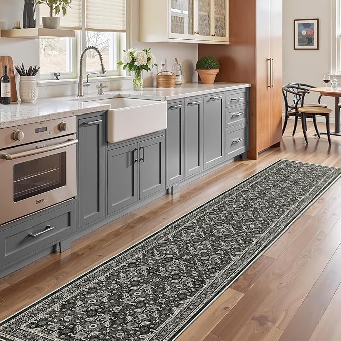 WITSHOCK Black Boho Washable 2x10 Kitchen Runner Rug,Vintage Neutral Hallway Rugs for Entryway,Soft Distressed Floor Mat for Bedroom,Entrance,Indoor Back Door(Black,2x10)
