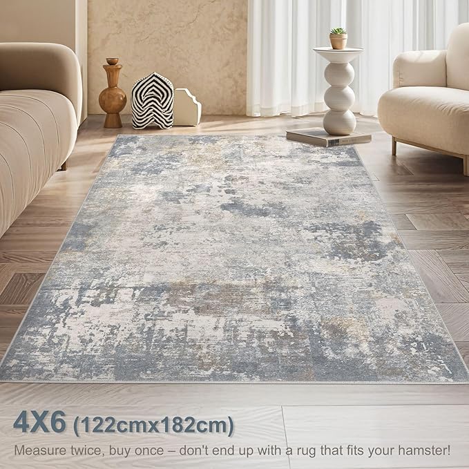 4x6 Area Rug Living Room Rugs - Washable Neutral Modern Abstract Soft Thin Rug Indoor Floor No Slip Rug Carpet for Bedroom Under Dining Table Home Office Decor - Blue Grey