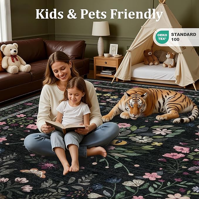 6x9 Area Rugs Living Room Rug: Vintage Washable Rug Floral Soft Carpet Indoor Floor Non-Slip Boho Stain Resistant Large Carpets for Bedroom Kids Nursery Dining Room Farmhouse Home Office Black/C02