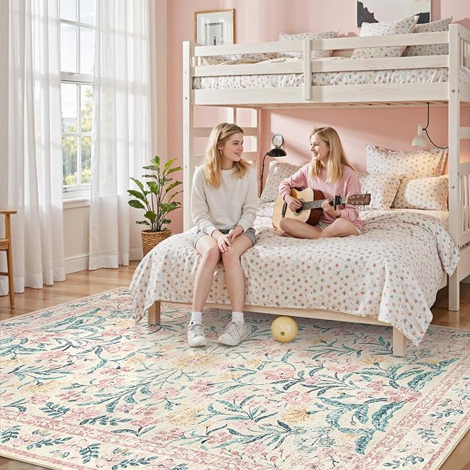 Lahome Pink Boho Rugs for Living Room 5x7, Washable Area Rugs for Bedroom Girls Decor Non Slip, Soft Floral Low-Pile Nursery Carpet for Kids Dining Room Indoor, Pink/Multi