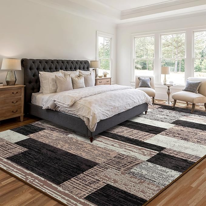 Large Area Rugs,Modern Geometric Patchwork Floor Decor for Bedroom Aesthetic Carpet, Rockwood Collection, Indoor Rugs for Living Room Dining Room Nursery Office Machine Washable Rug, 9x12 Ft Chocolate
