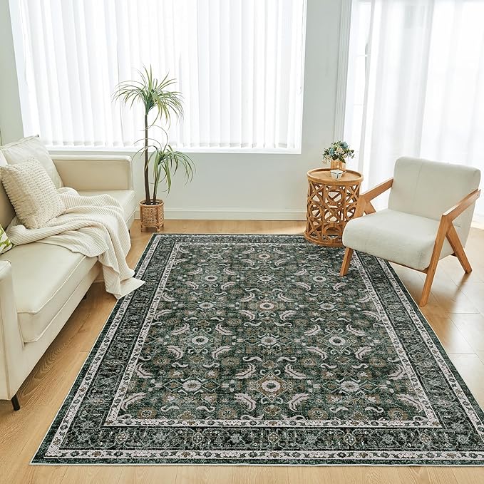 WITSHOCK Living Room Area Rugs 5x8: Soft Non-Slip Backing Washable Rugs Vintage Large Carpet for Bedroom Office Dining Room Kitchen Stain Resistant Home Decor Rug, Dark Green