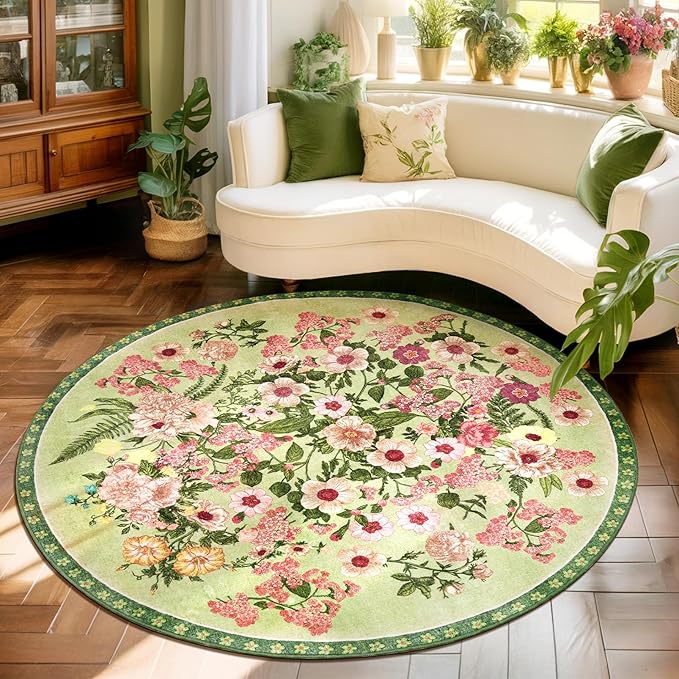 Floral Washable Round Area Rug - 6x6 Round Rugs Living Room Rug Soft Non-Slip Low Pile Large Indoor Accent Circle Carpet for Closet Bedroom Dining Room Home Office Nursery, 6ft Green