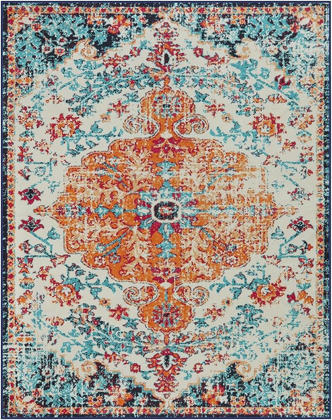 Lahome Boho Rugs for Living Room 8x10,Washable Orange Bedroom Area Rug Soft Low Pile Dining Room Rugs for Under Table,Vintage Thin Non Slip Printed Nursery Area Rug for Playroom Office(8x10ft Orange)