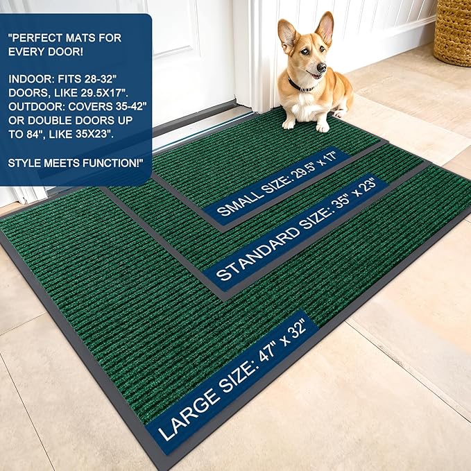 OLANLY Front Door Mat Indoor Outdoor Entrance, Waterproof Heavy Duty Doormat, Fade Resistant, Low Profile, Easy Clean Patio Porch Welcome Floor Mats for Entry, 35x30, Green