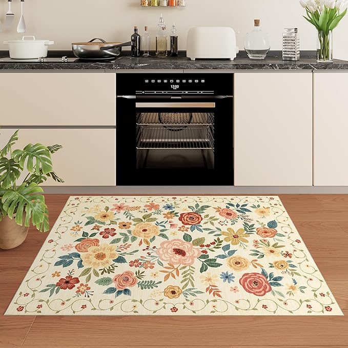 DUKINO 2x3 Rugs for Entryway, Floral Indoor Washable Door Mat, Non Slip Boho Small Rug for Kitchen, Soft Low Pile Front Door Throw Rug for Entrance, Bedroom, Kitchen, Laundry, Bathroom, Beige Yellow