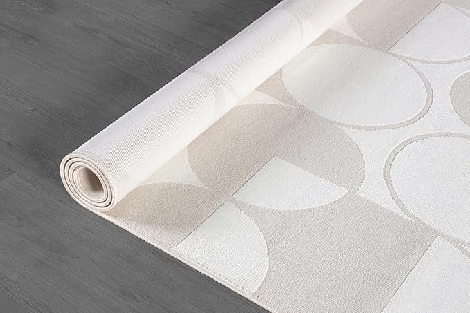 Beverly Rug Modern Geometric Area Rug 4x6 Low-High Pile Durable Soft Abstract Circular Indoor Rugs for Living Dining Room Office Stain Resistant Non Shedding Casual Indoor Carpet Beige White 4 x 6