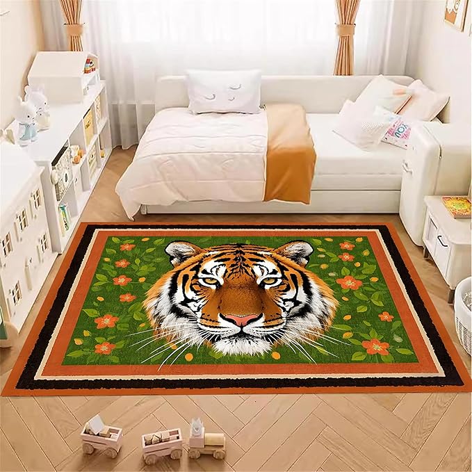 Tiger Print Rug,4x5ft,The Tiger is Surrounded by Orange and Green Floral Patterns. This Rug is Suitable for Boys and Girls' Bedrooms，Anti-Slip Carpet Suitable for Living Room Bedroom Home Decoration
