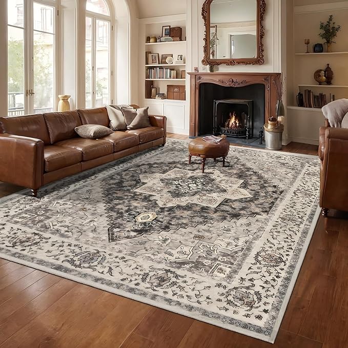 Tangsoo 9x12 Vintage Area Rugs for Living Room, Washable Indoor Non Slip Large Area Rugs, Print Distressed Grey Carpet, Soft Low Pile Rug Foldable Floor Rug for Bedroom Dining Room Dorm
