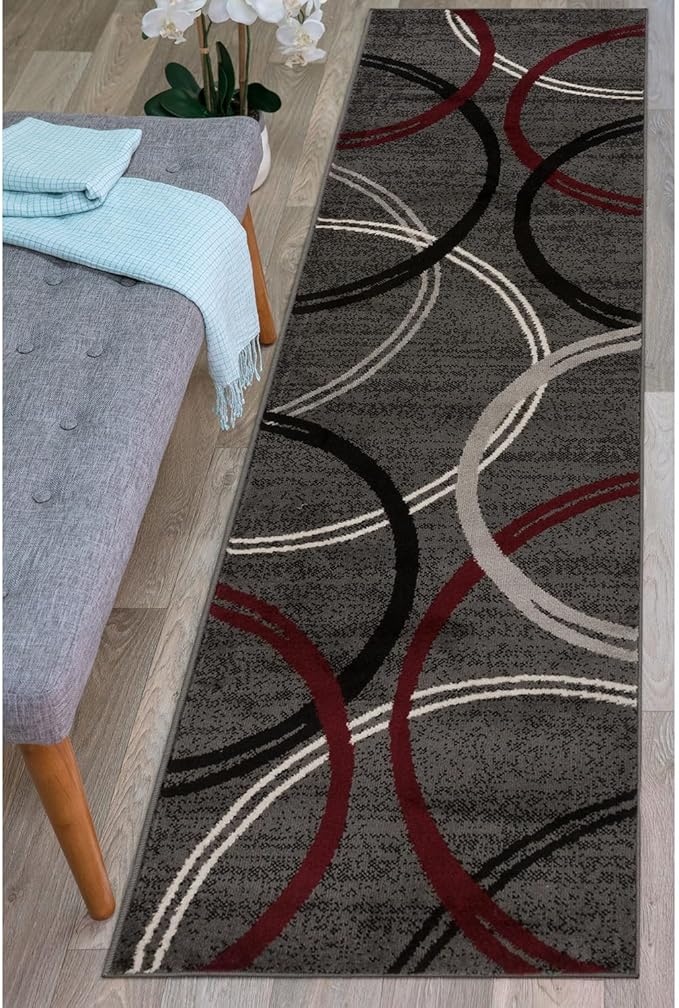 Rugshop Modern Wavy Circles Design Non-Shedding Runner Rug, Carpet for Hallway or Bathroom, Red, 2'7" x 6'